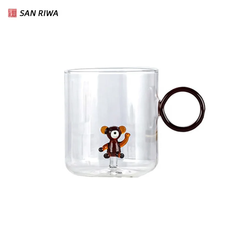 

Custom Sublimation 3D Animal Cartoon Cup Transparent With Handle Heat Resistant Creative High Borosilicate Glass Cup, Clear with colored ring handle