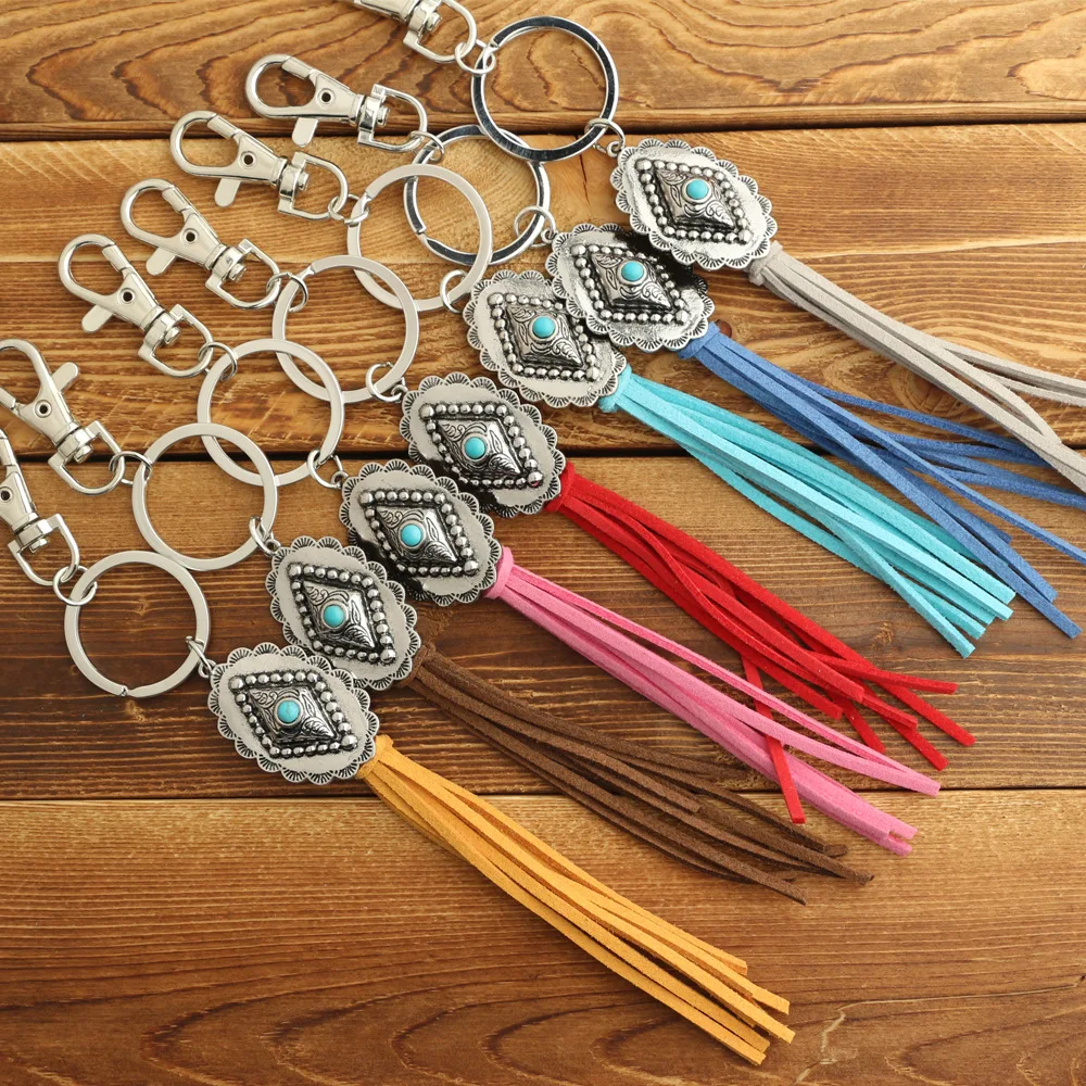 

Bohemian Turquoise Alloy Rhombus Keychain Vintage Colorful Leather Tassel Pendant Jewelry Wholesale