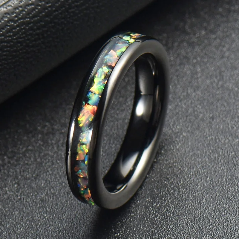 

Poya 4mm Polish Finish Domed Coloful Fire Opal Inlay Black Tungsten Ring, Customized color