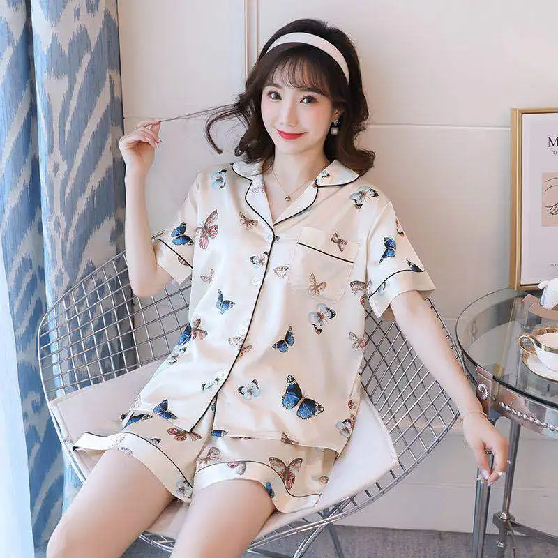 

12 Colors Silk Satin Lounge Wear Ladies Short Sleepwear Summer Women Pajamas Sets For Home Life