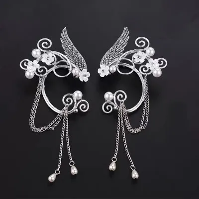 

Fairy Elf Ear Cuffs Non Pierced Ear Clip Handmade Pearl Earring Angel Wings Ear Cuff Retro Long Tassel Earrings Girls Women, Silver plated