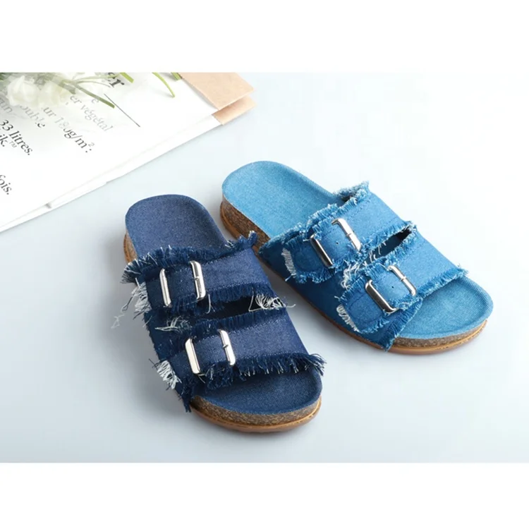 

Women Vegan Jean Denim Tassel slippers Open Toe outsides Cork Sole ladies Sandals Summer shoes, Customized color