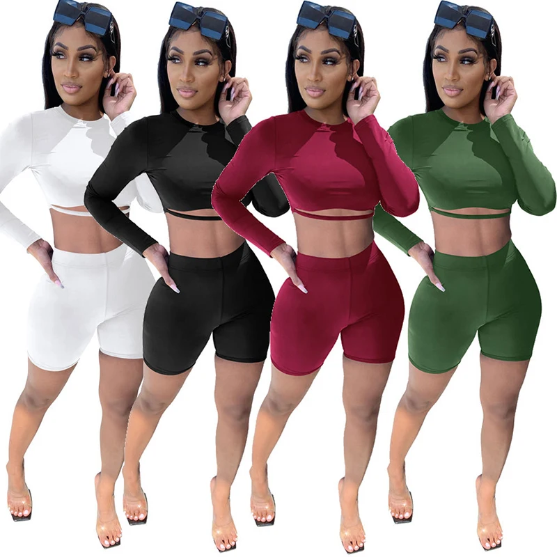 

Wholesale ladies long sleeve fashion solid color suit crop top and short pant two piece casual jogger sets for women clothing, 4 colors