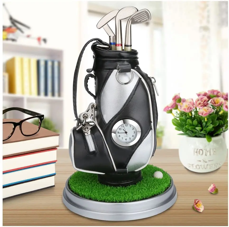 Desktop Golf Bag Pen Holder With Golf Pens Clock 6piece Set Of Golf