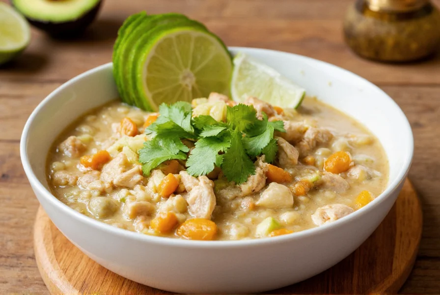 White chicken chili served in bowl with avocado, cilantro, and lime wedges on wooden table