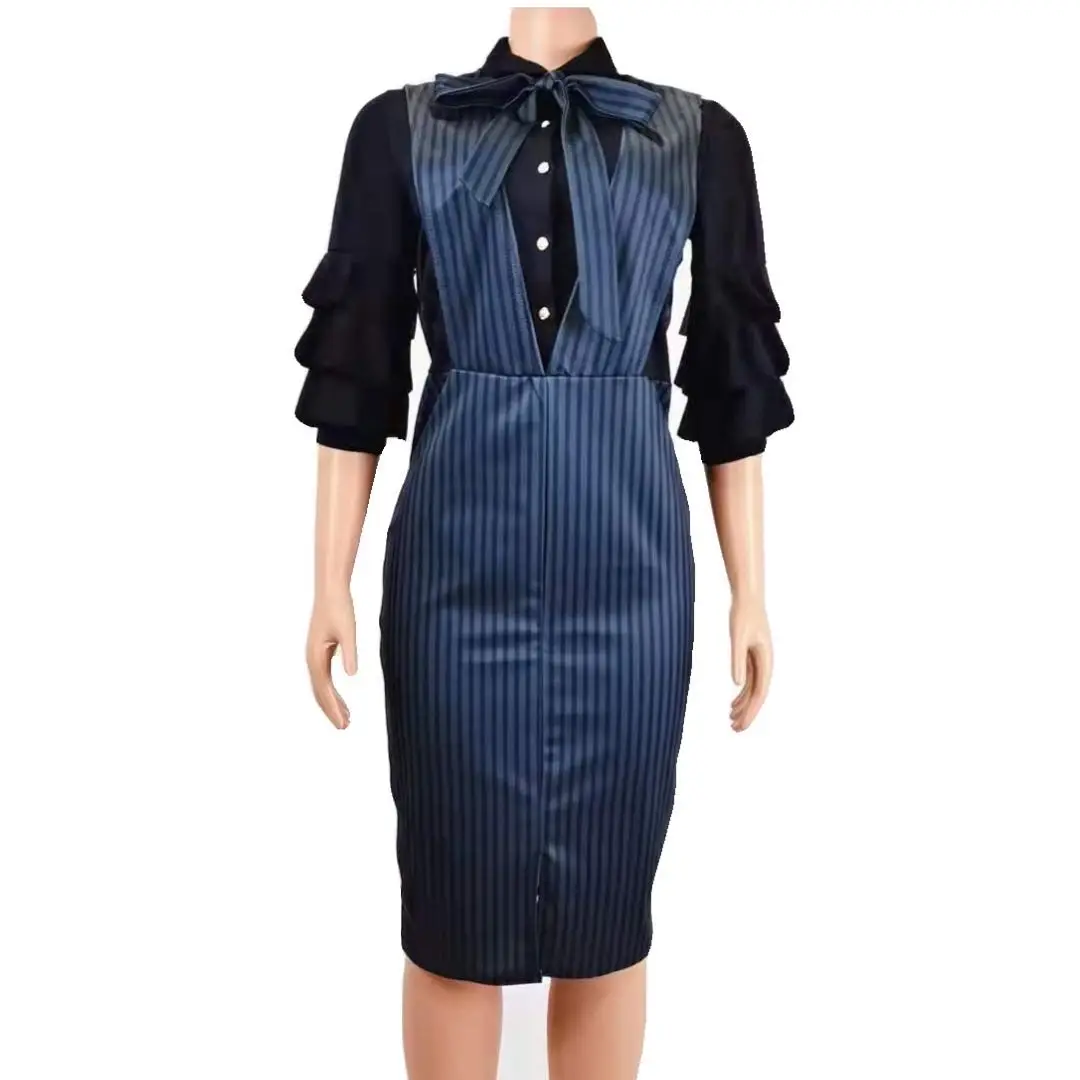 

european and american fashion Patchwork shirts collar Ruffles Flared Sleeves One-Piece corporate office dresses for women, Customized color