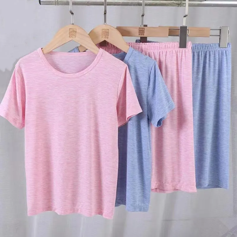 

2021 summer kids homewear clothing pure color baby girl short sleeve t shirt and shorts, Pink, gray, light blue, purple