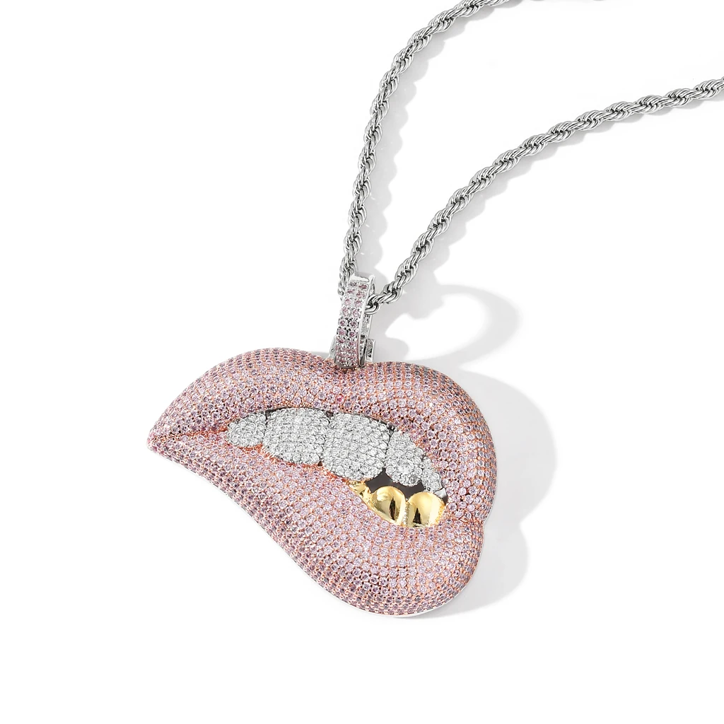 

Bling Bling Men's Hiphop Jewelry Trendy Copper Teeth Lip Pendant Iced Out Cubic Zirconia Diamond Sexy Lip Pendant Mouth Necklace, As picture