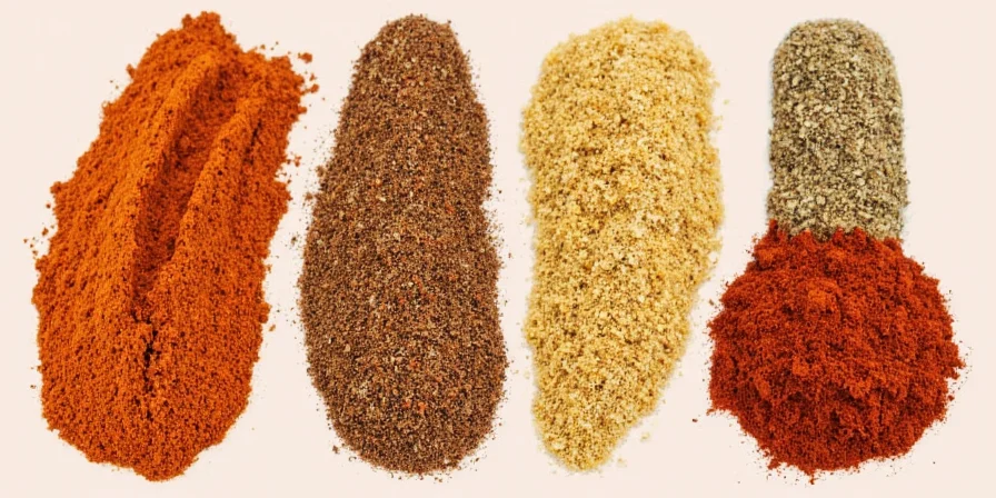 Row of labeled spice jars including 5-spice powder