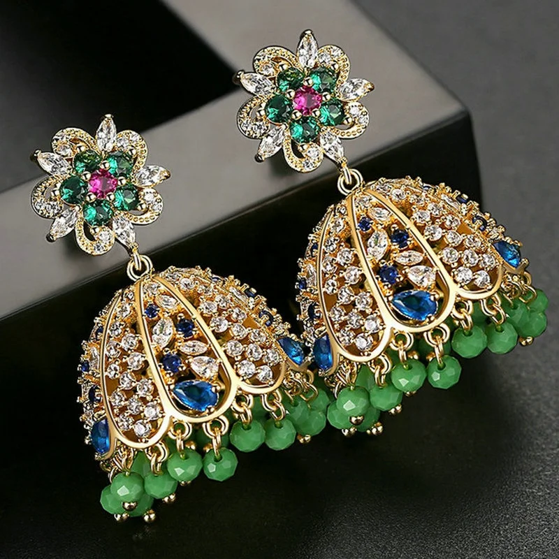 

high quality brass pave zircon bells dangle bridal fine jewelry traditional indian jhumka 18k real gold earrings, As the photos showed