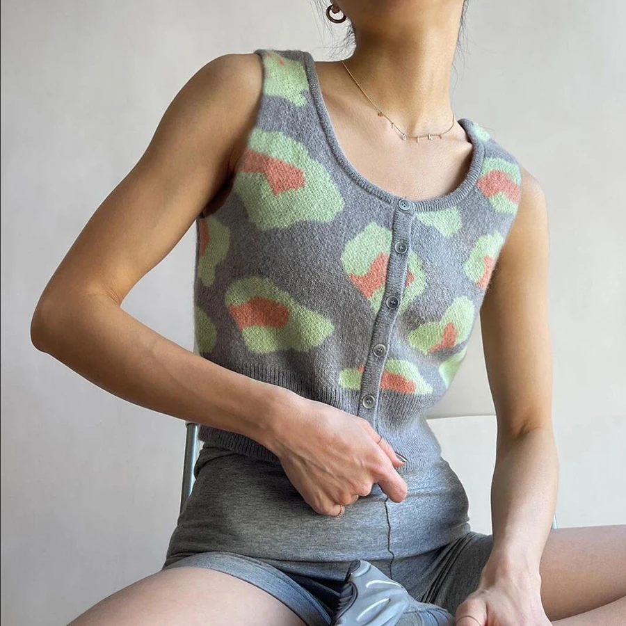 

Kliou W21B02308 Printed Knitted Sleveless O-Neck Crop Top Women's Breathable Tank Tops