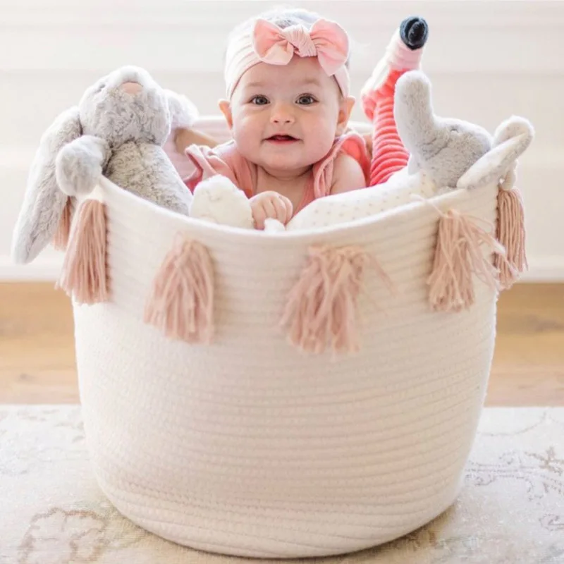 

High Quality Storage Bucket Cotton Rope Woven Tassels Children Toy Debris Storage Basket, 3 color