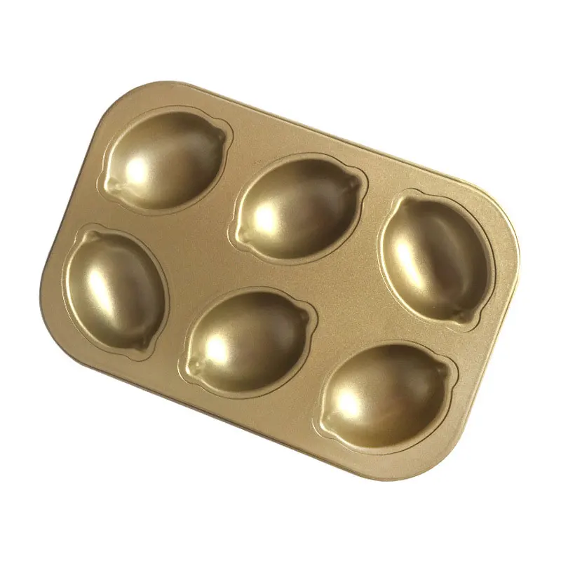 

Hot sales baking 6 grid cookie carbon steel baking pan golden non-stick lemon shape cake mold, Gold