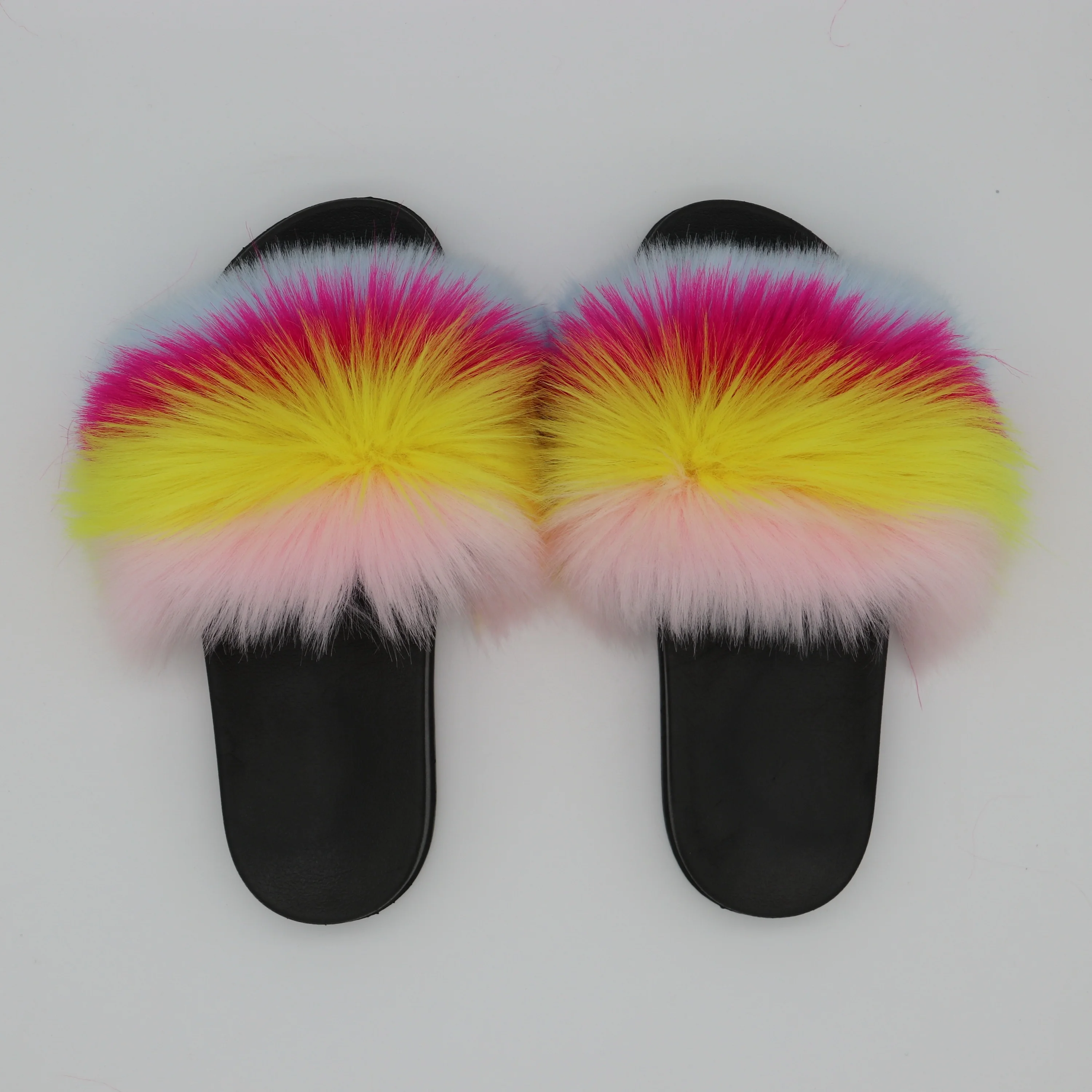 

Faux Bunny Fur Rubber Indoor Slippers Flip-Flops Open Toe Flat Soles Soft Shoes, 30 colors