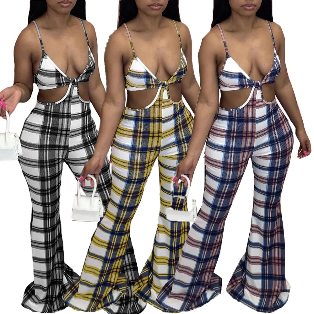 

XM-20040113 New Summer Women Plaid Casual Suspenders One Piece Jumpsuit Hollow Out Flare Pants 2021 Women Bodysuit