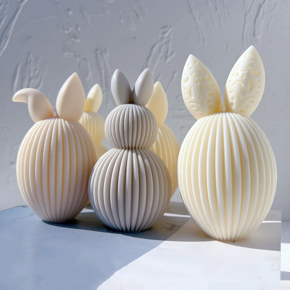 Ribbed Egg Rabbit Ear Candle Mold Aesthetic Silicone Mould Geometric Striped Soy Wax Mold for Easter Decor
