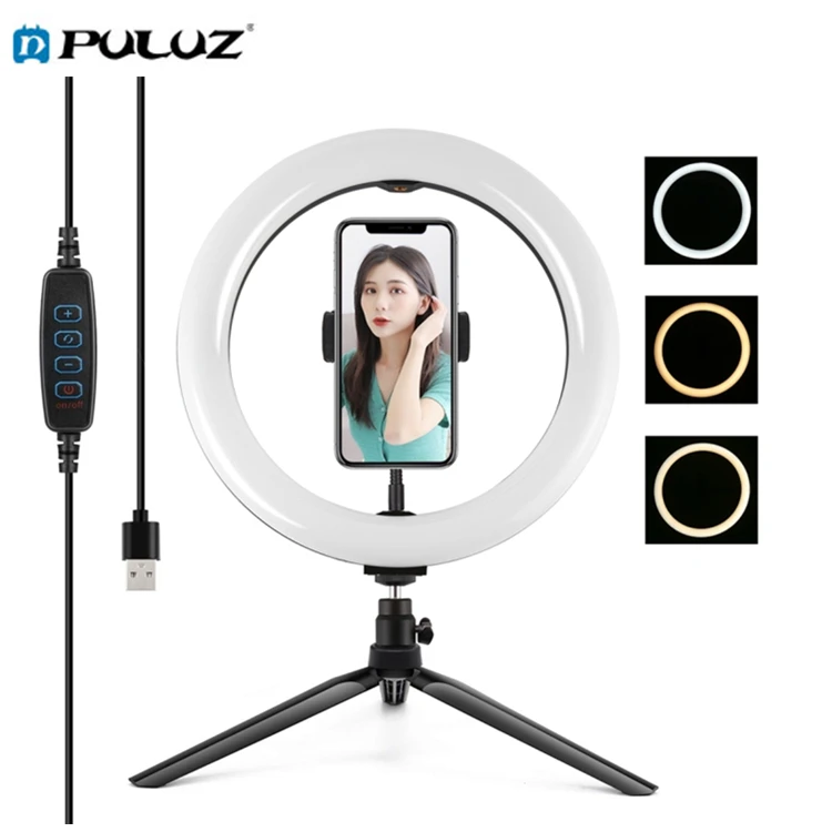 

PULUZ 10.2 inch Ring Light With Tripod USB 3 Modes Dimmable LED Ring Vlogging Selfie Photography Video Lights With Phone Holder