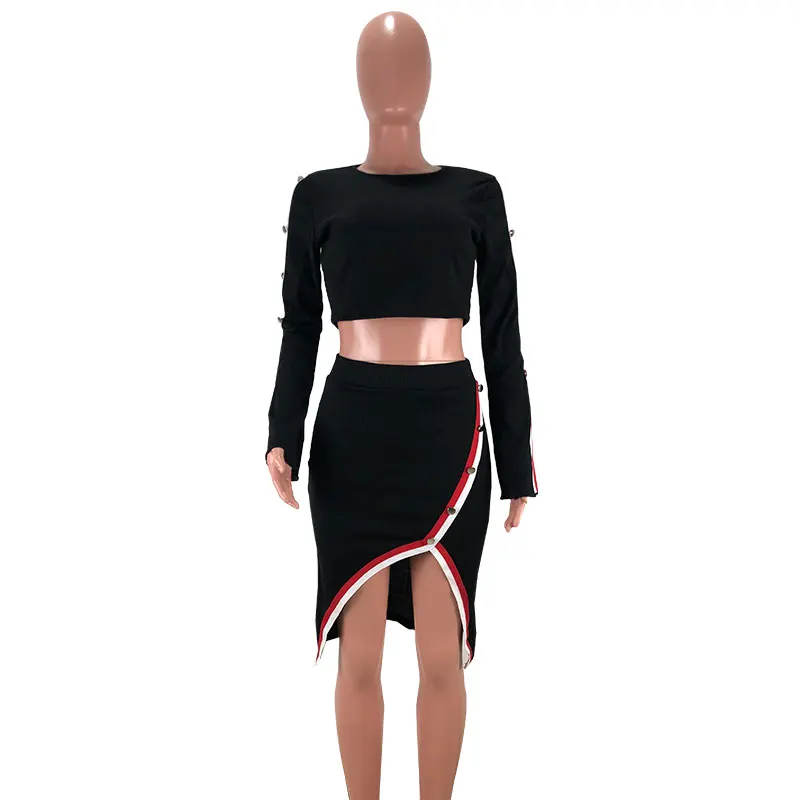 

Solid color webbing patchwork women fashion dress suit Two piece set, Black