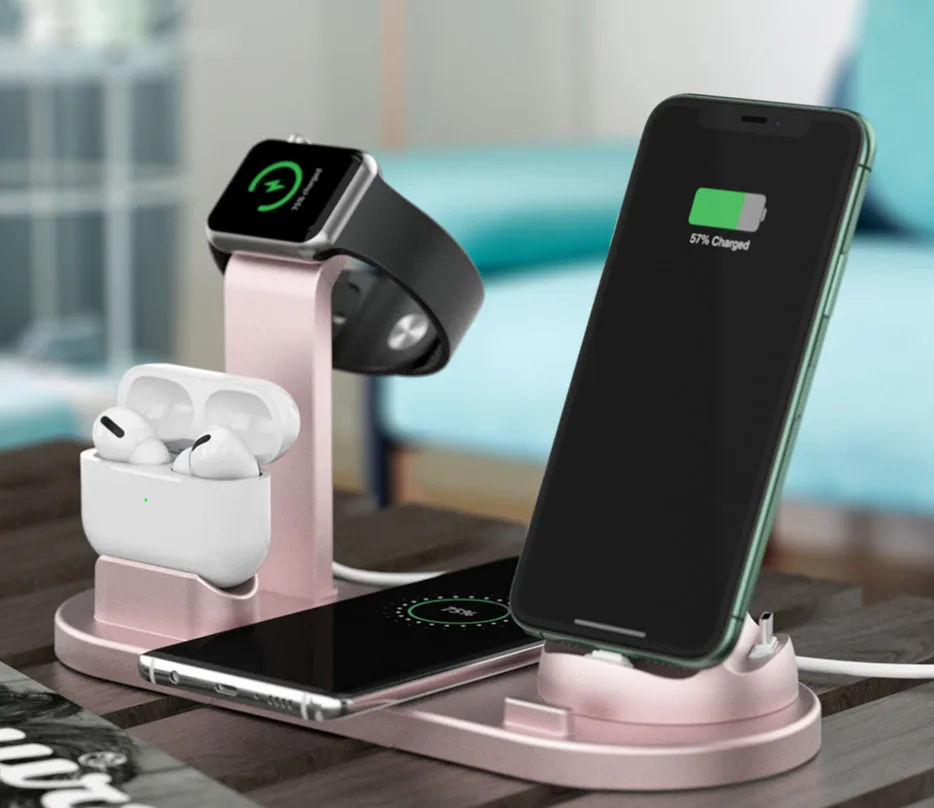 

Top Sellers 2021 for amazon 6 in 1 Watch Mobile Holder Fast qi Wireless Charger, Black, white