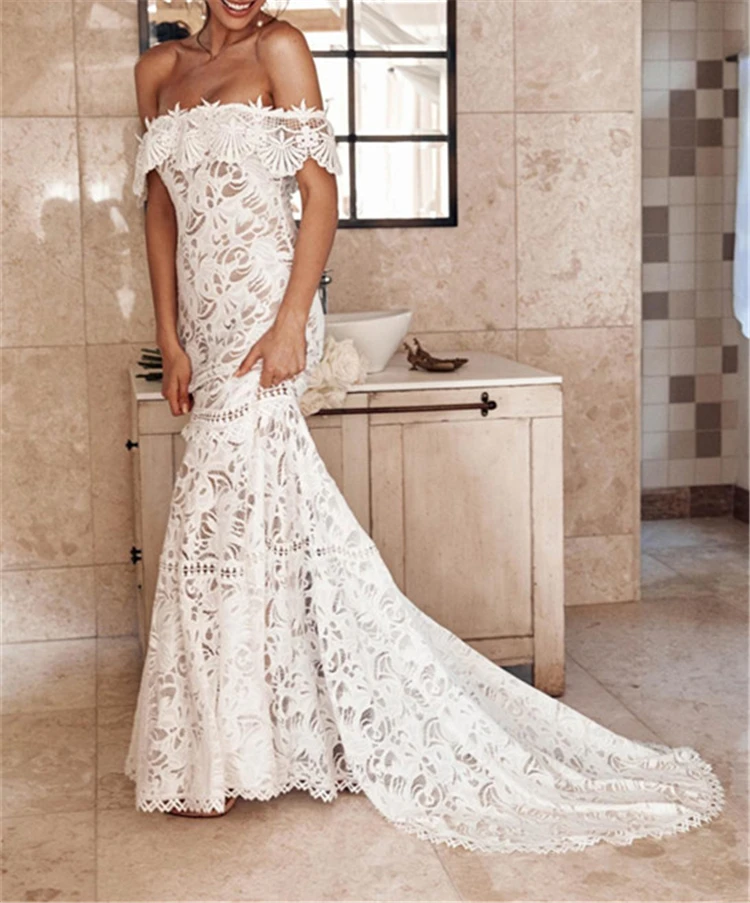 

Wholesale Wedding Dress 2019 White Lace Off Shoulder Mermaid Wedding Dress