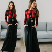 

Plaid Splicing Pocket Long Sleeve Maxi Dress without Necklace