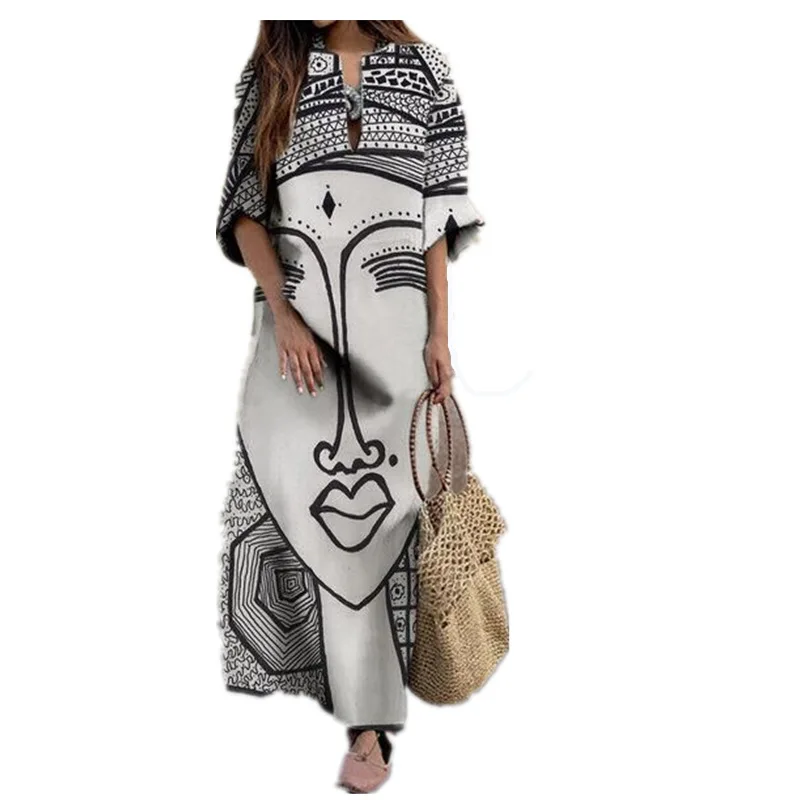 

Fashion Vintage Portrait Print Dress Abstract Face High Waist Women Dresses Beach Party Autumn Elegant Loose Female Dress 2021