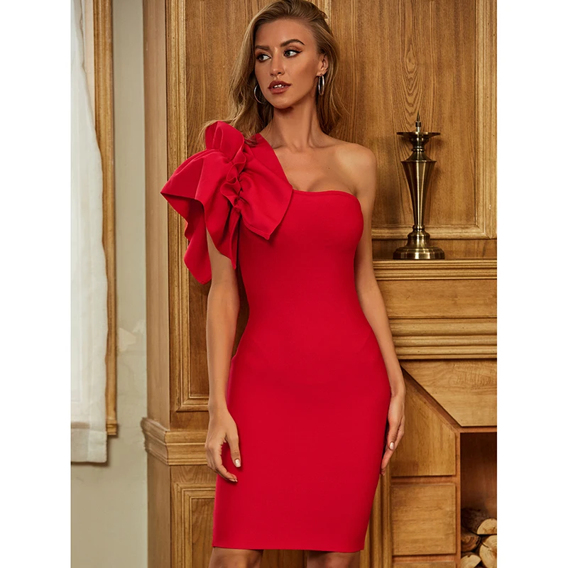 

Women Business Party Dress China Supplier Vintage Ruffles Sleeve Red Black Pencil Evening Dress One Shoulder