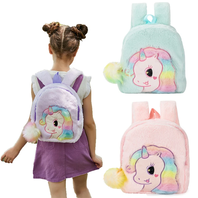 

2021 trendy plush faux fur women unicorn cartoon shoulder bags school backpack princess Toddler kids mini Unicorn plush backpack, Customized color