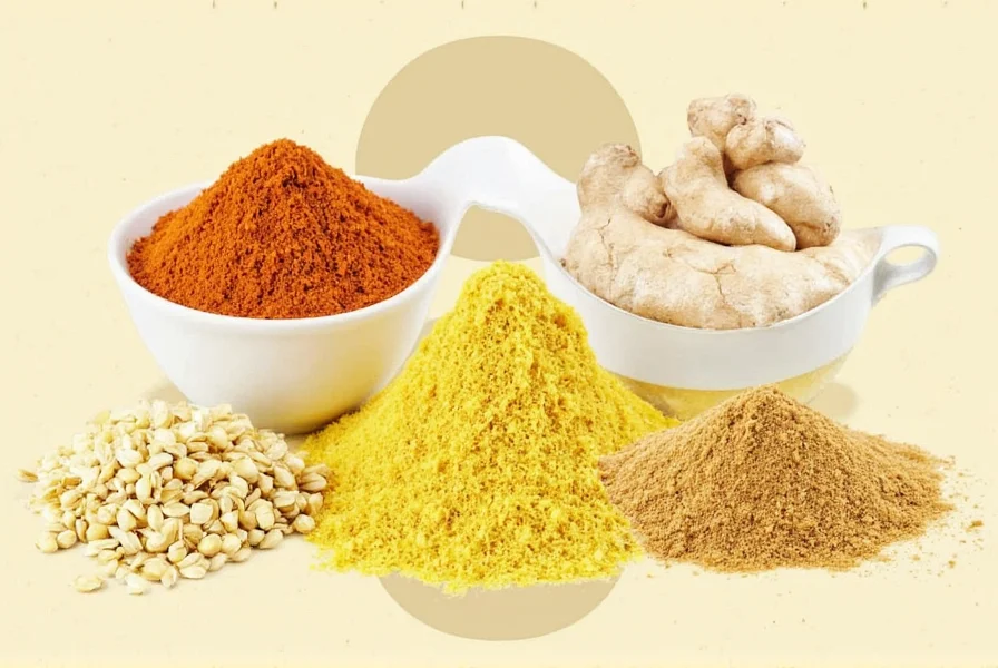 Various ginger substitutes including galangal, turmeric, and spice blends arranged on wooden table