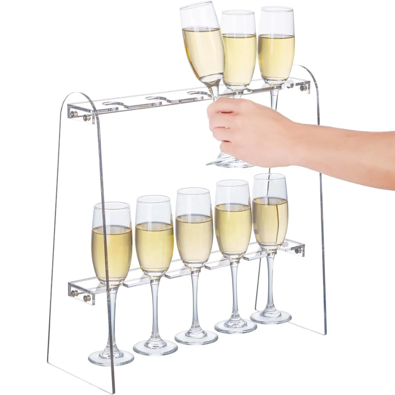 

2 Tiers Clear Acrylic Champagne Flute Glasses Holder Stand Modern Premium Tabletop Stemware Hanging Display Racks with 10 Slots