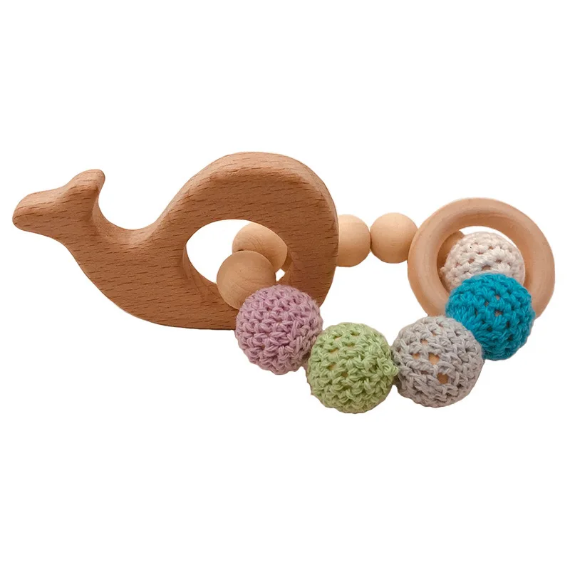 

Wholesales DIY Baby Crochet Wooden Beads Teether With Animals Pendant Infant Chewing Teething Toys