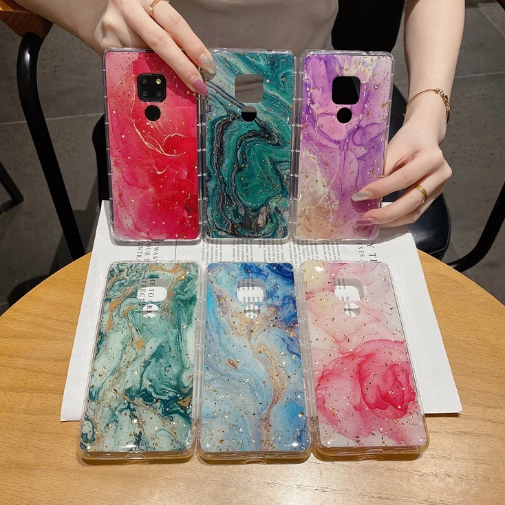 

Drop Gluing Gold Bling Marble Soft TPU Case For Huawei P40 Pro P30 Lite Mate 20 Mate30 NOVA 7 SE Mobile Skin Cover Back Coque