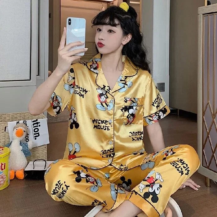 

Summer Sleepwear Home Suit Short Sleeve Long Trousers Women Cute Cartoon Pattern Ice Silk Pajamas, As show