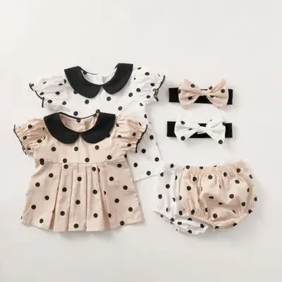 

F10894A Summer style Baby dot short sleeve pleated shirt + bread pants + headband new born baby clothes sets, Beige white / apricot