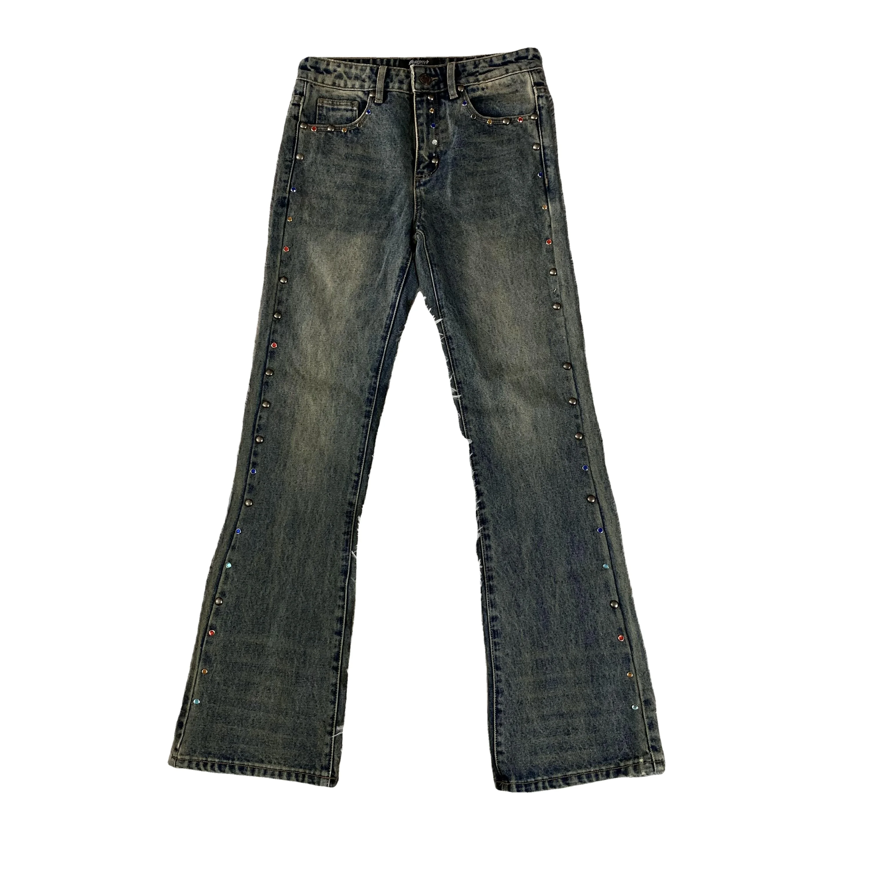 Fashion Men's High Street Fashion Washed Denim Bootcut Pants Men Blue Retro Cowboy Flared Jeans With Metal Stud Decorate
