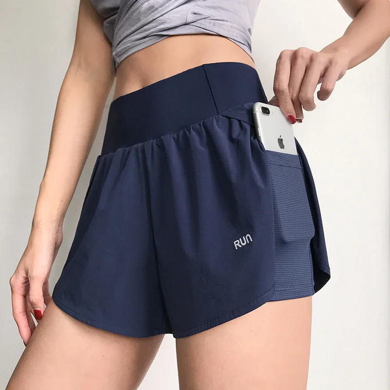 

Fashion Sports Casual Loose 2 In 1 High Waist Biker Yoga Shorts Summer Women Double Layer With Pockets Yoga Shorts