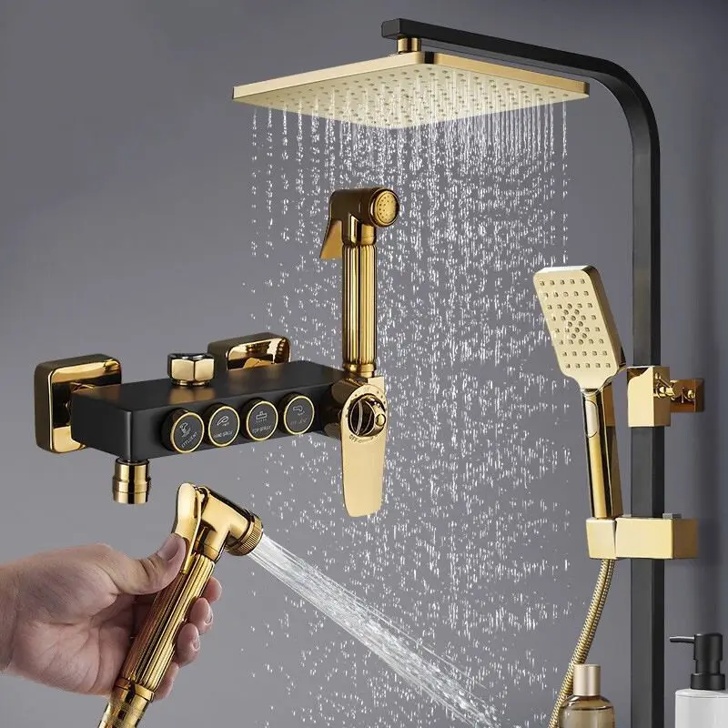 

Luxury 38 Degrees Temperature Thermostat Rain-fall Black Gold Exposed Shower System Mixer Taps Set4 in 1 Times Working Sets