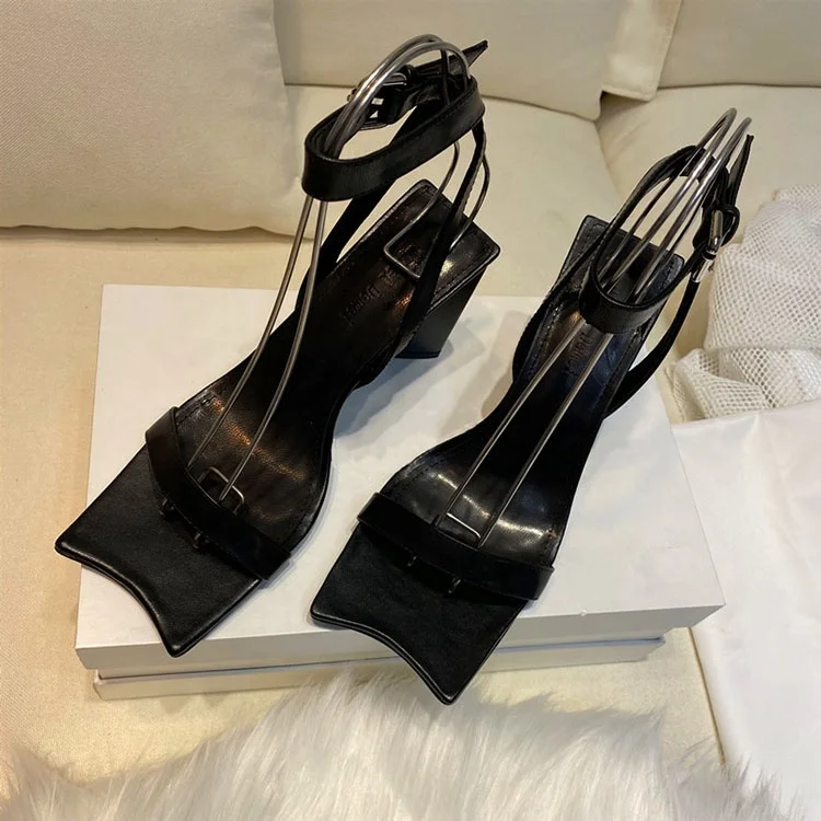

Fancy curved toe women's chunky heel ankle buckle high heel brand sandals for women, Black,pink,red,yellow,blue
