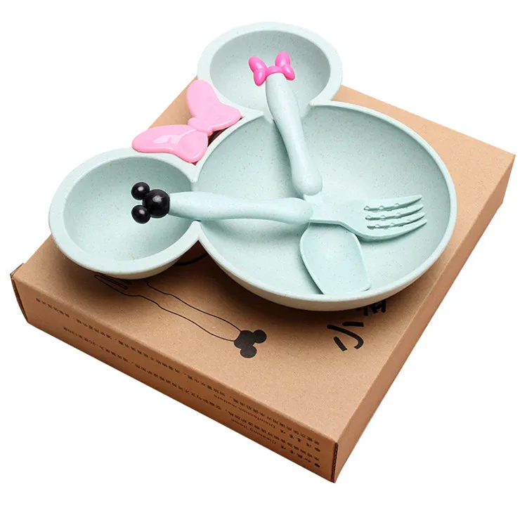 

Amazon hot sale 3pcs BPA free plate children cutlery dinnerware dishes wheat straw baby tableware set with knife and fork