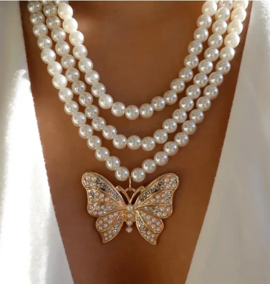 

Wholesale Simple Personality Design Pearl Multilayer Clavicle Chain Butterfly Pendant Necklace Womens Jewelry Necklace