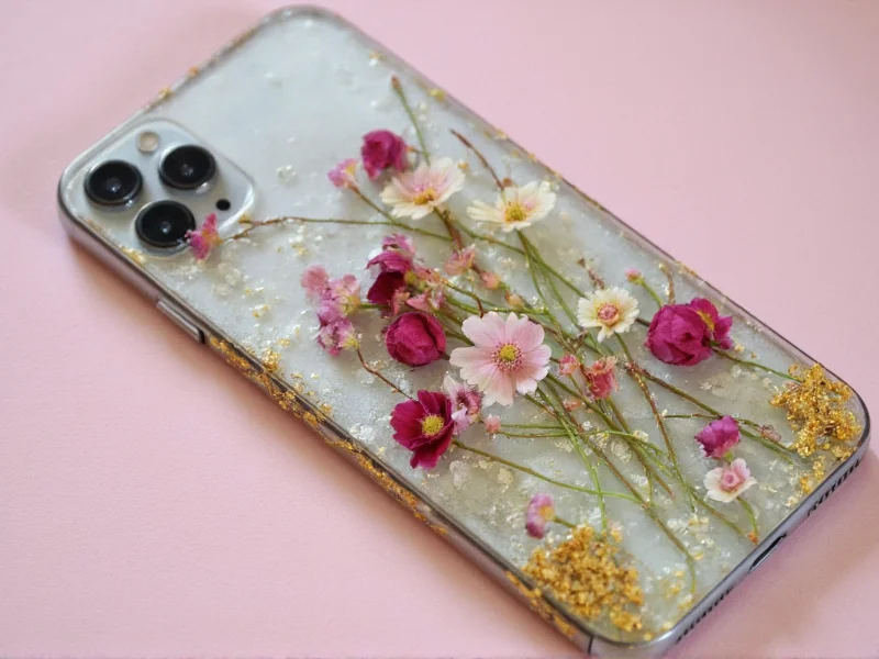 Phone case with embedded pressed flowers and resin coating