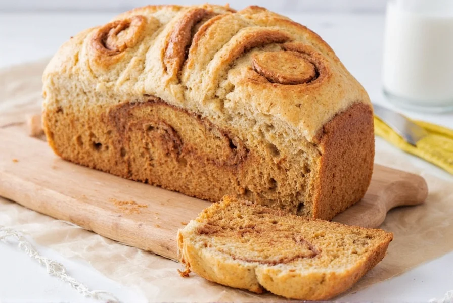 Perfectly sliced homemade cinnamon swirl bread showing distinct spiral layers and golden crust