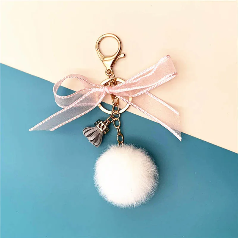 
Custom Cute Colorful Bow Lace Plush Pendant Fur Ball Pom Pom Bag Pendant Key Chain 