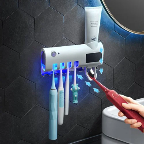 

Wall-Mounted Toothbrush Holder UV Toothbrush Sterilizer with Automatic Toothpaste Dispenser, White
