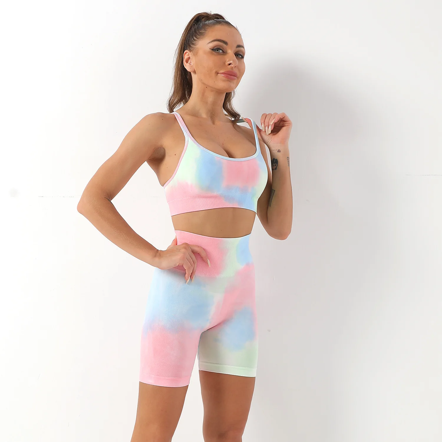 

Hot Sale Women Rainbow Candy Colored Sexy Yoga Wear Set Clothing Women Tie Dyed Seamless Fitness Training Wear Suit