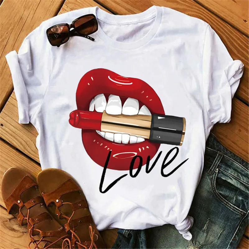 

Low price 2021 Fashion Summer T Shirts Women Lips Printed T-shirt Woman Casual Female Plus SizeT-shirts