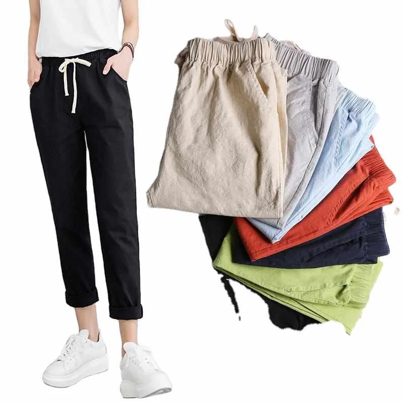 

Women's Spring Cotton and Linen Belt Fashion Casual Pants Elastic Nine-point Pants