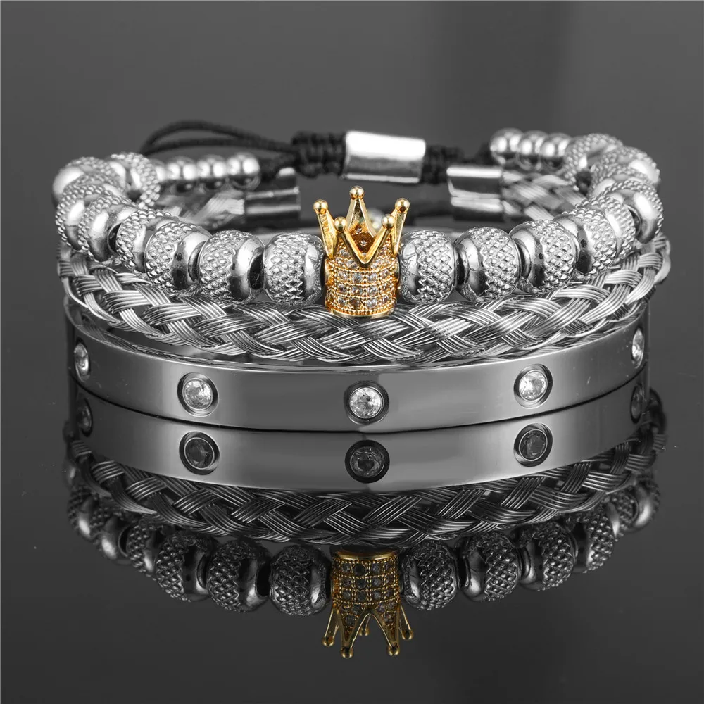 

European Hot Selling Luxury Handmade Crown Bracelet Set 3Pcs Stainless Steel CZ Bangle Crown Bracelet Set Men