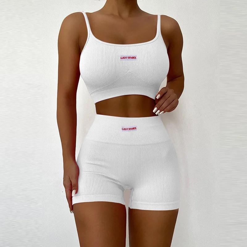 

W-C-987A Women Summer 2 Pieces Workout Outfits Sport Fitness Exercise Stretchy Yoga Jogging Set Ribbed Bra Tops and Shorts Suit, White/pink/black