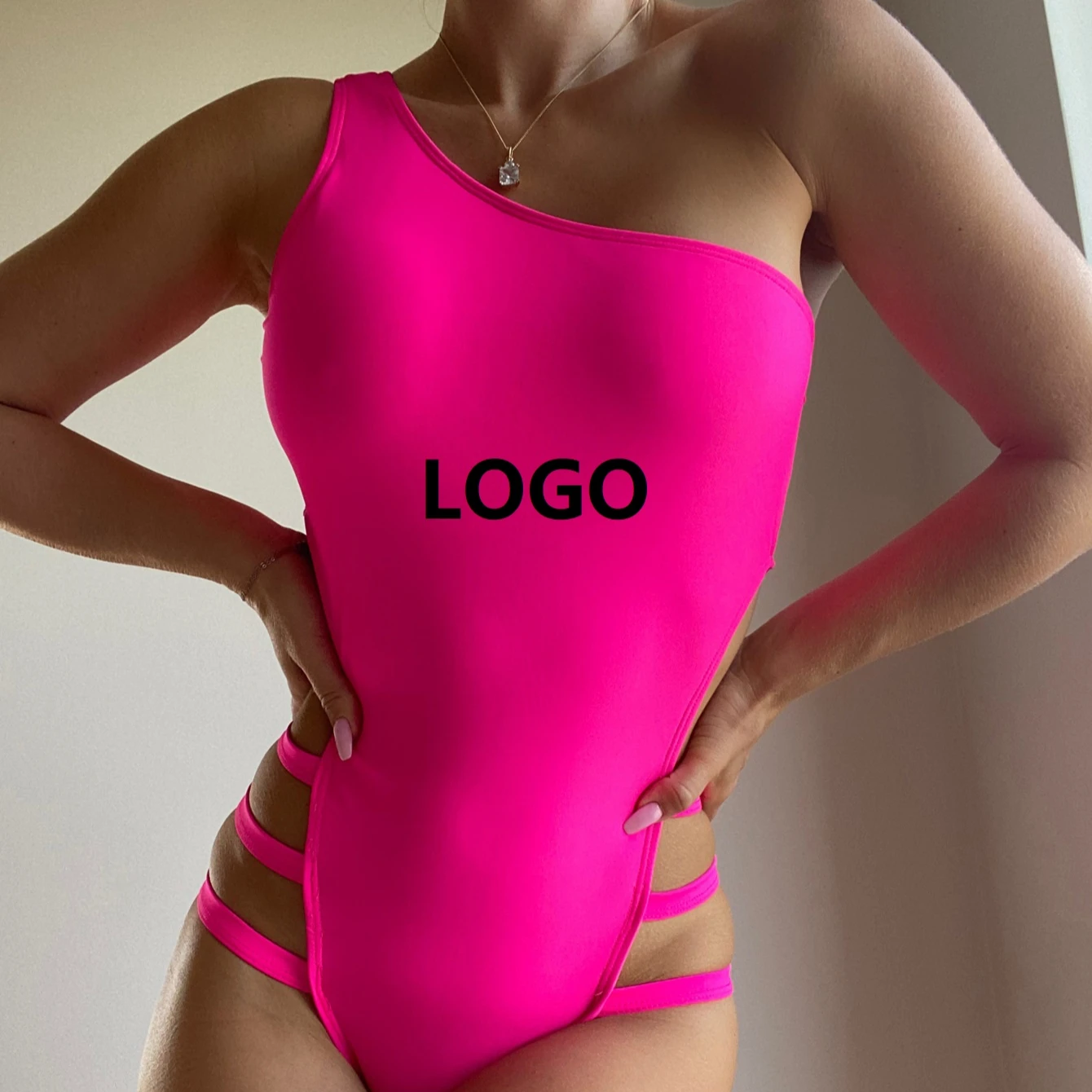 

European And American Solid Color Bikinis & Beachwear Sexy Backless Bodycon Swimsuit Custom Logo One Shoulder One Piece Swimwear, Customized color